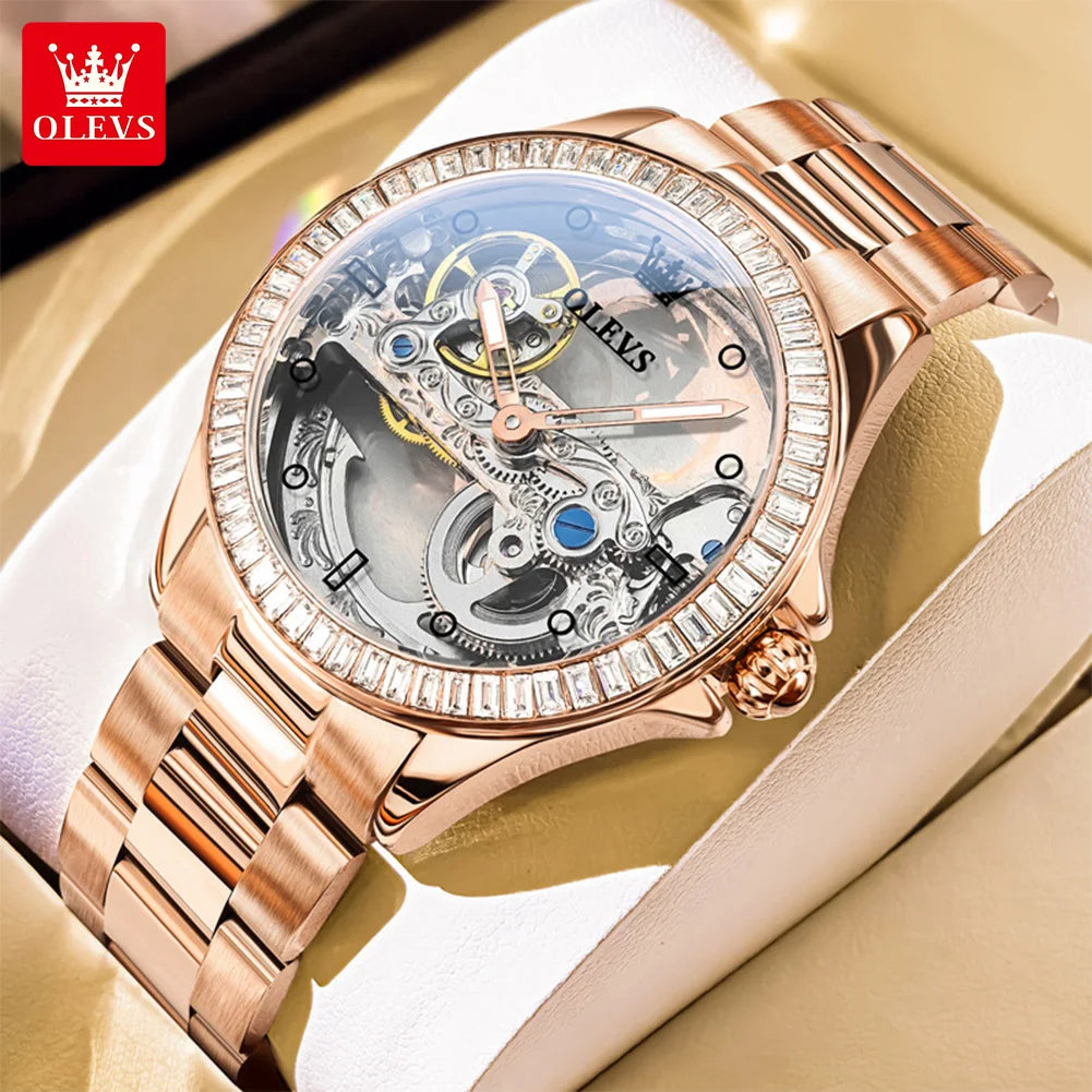 OLEVS Couple Watches Original Fully Transparent Skeleton Automatic Mechanical Watches For Men Women Lover's Gift Luxury Watches