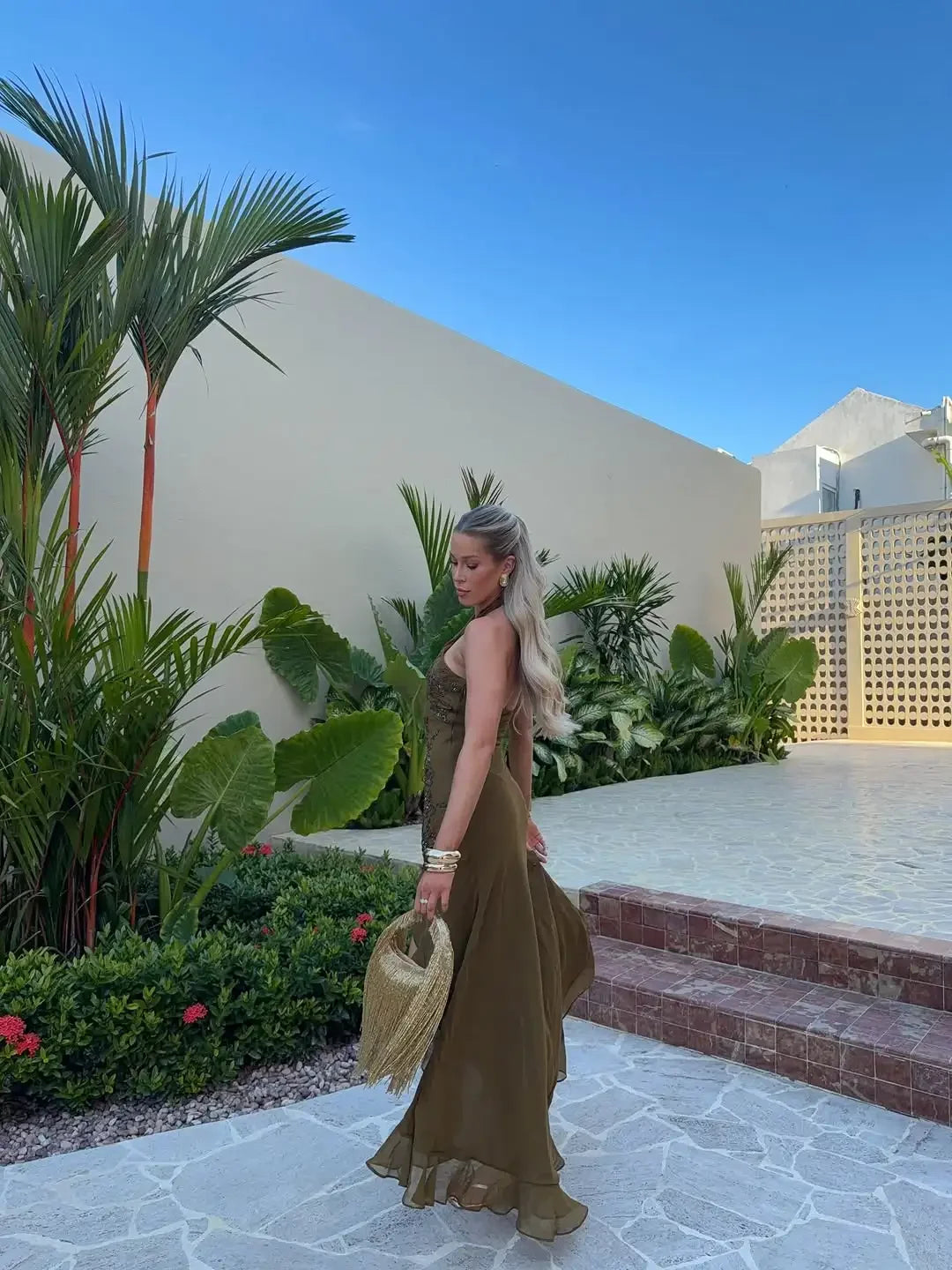 Women Halter Neck Beaded Evening Maxi Dress Floral Rhinestone Slit Ruffle Formal Party Gown 2026 Summer New Female Daily Outfit