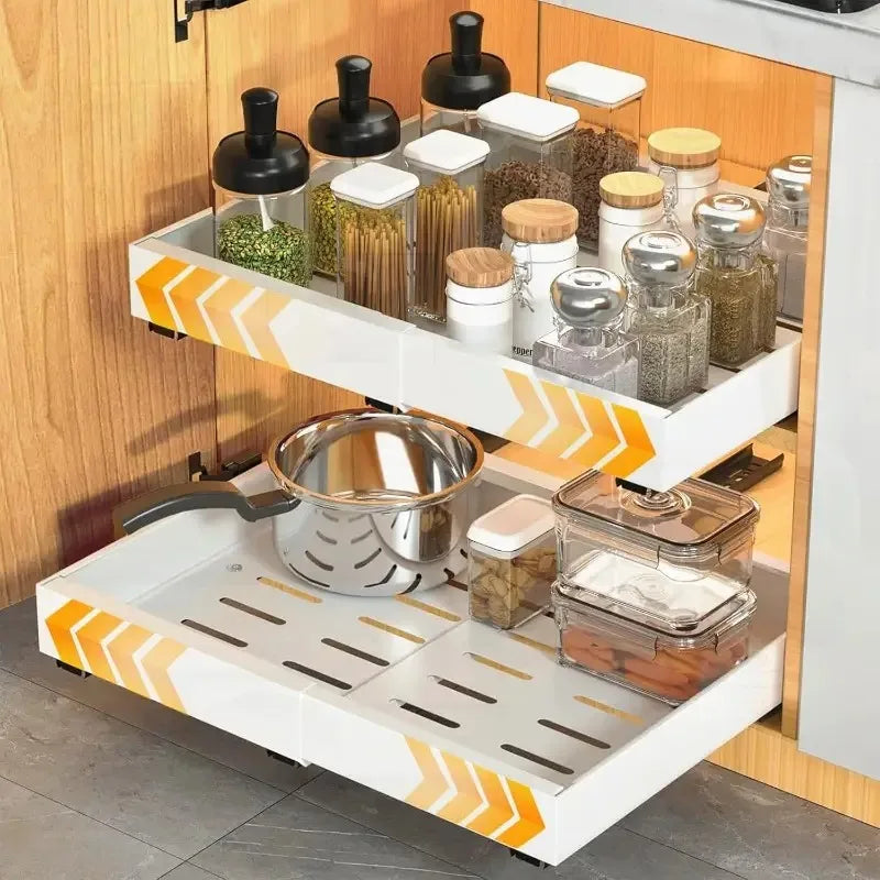 Expandable Pull Out Cabinet Organizer Rack, Adjustable Sliding Drawer Storage Basket , Pantry and Kitchen Cabinet Organizer