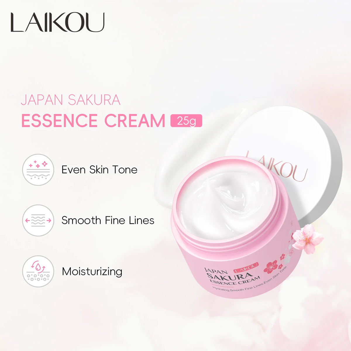 LAIKOU Sakura Essence Cream 25g - Moisturizing, Even Tone, Smooth Fine Lines with Niacinamide & HA