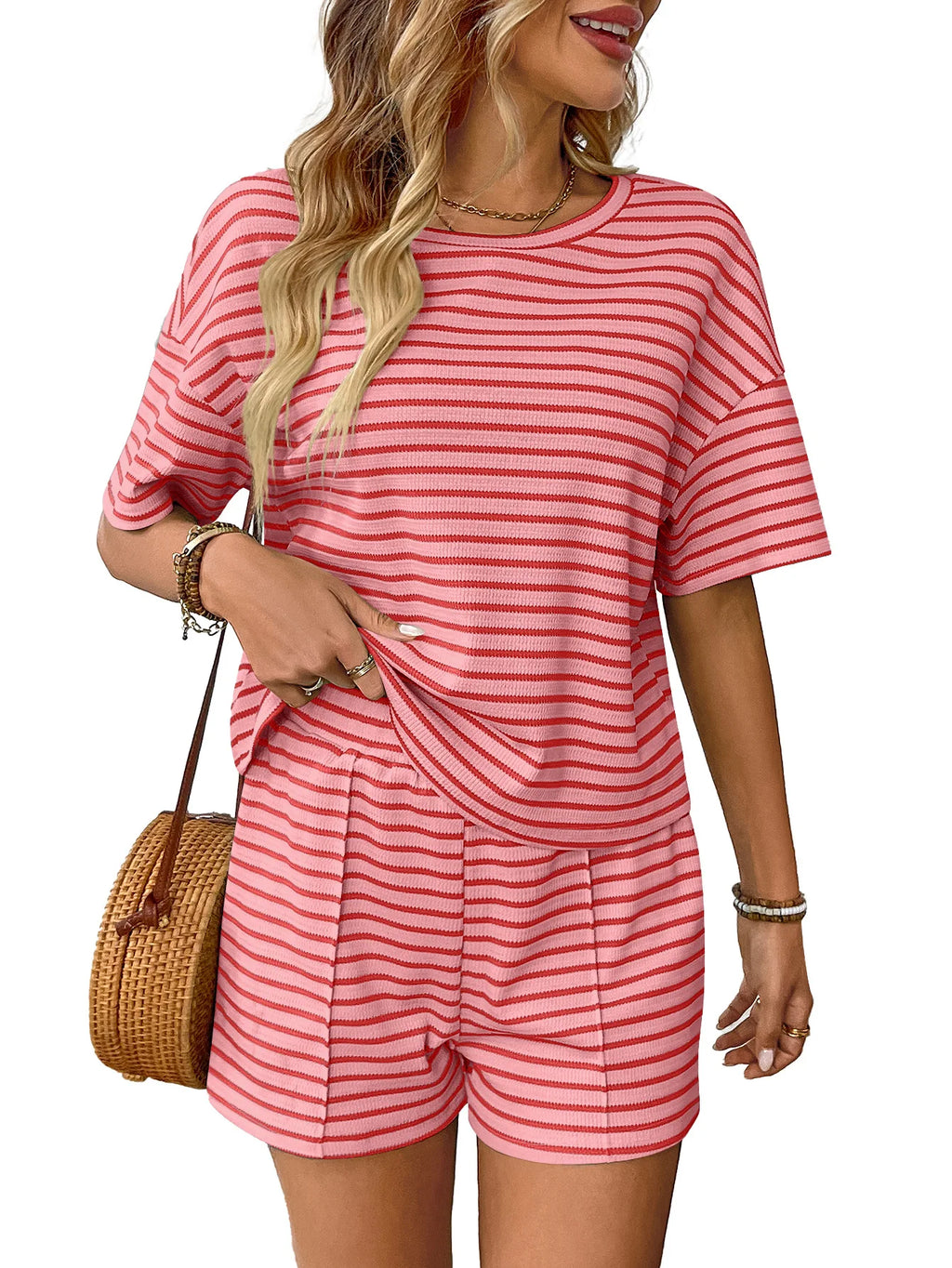 Women's Vacation Fashion Casual Suit Solid Summer Knit Shorts And T Shirts Tops Two Piece Sets 2025 Lady Street Leisure Sets