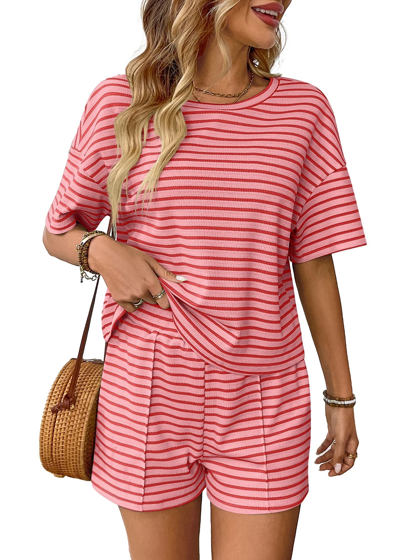 Women's Vacation Fashion Casual Suit Solid Summer Knit Shorts And T Shirts Tops Two Piece Sets 2025 Lady Street Leisure Sets