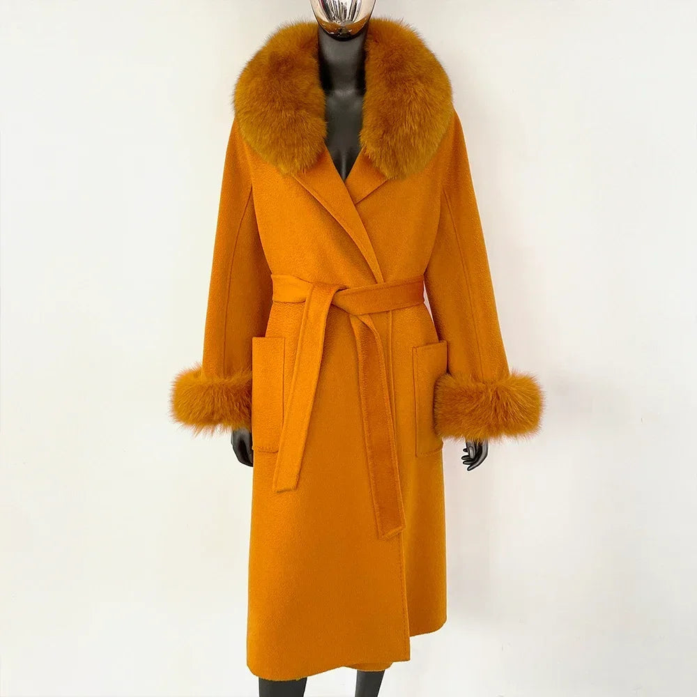 Elegant Wool Fur Jacket Women's Autumn Winter Warm Coat Natural Real Fox Fur Collar Jacket Casual Fashion Long Fur Coat Women's