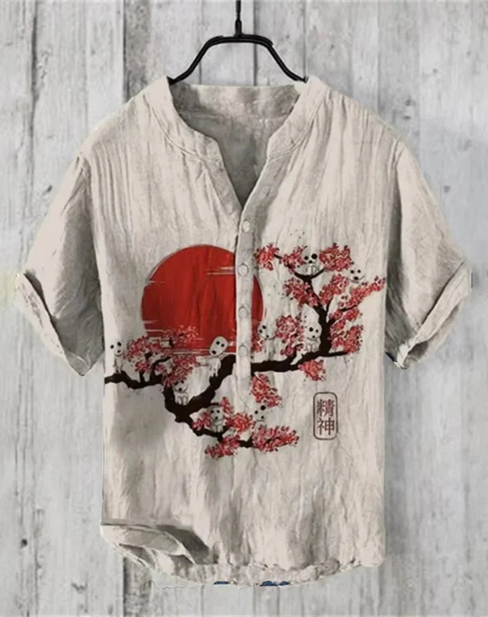 Hot sale Henry shirt 2025 summer men's casual short-sleeved T-shirt floral print top linen blend comfortable fabric XS-6XL size
