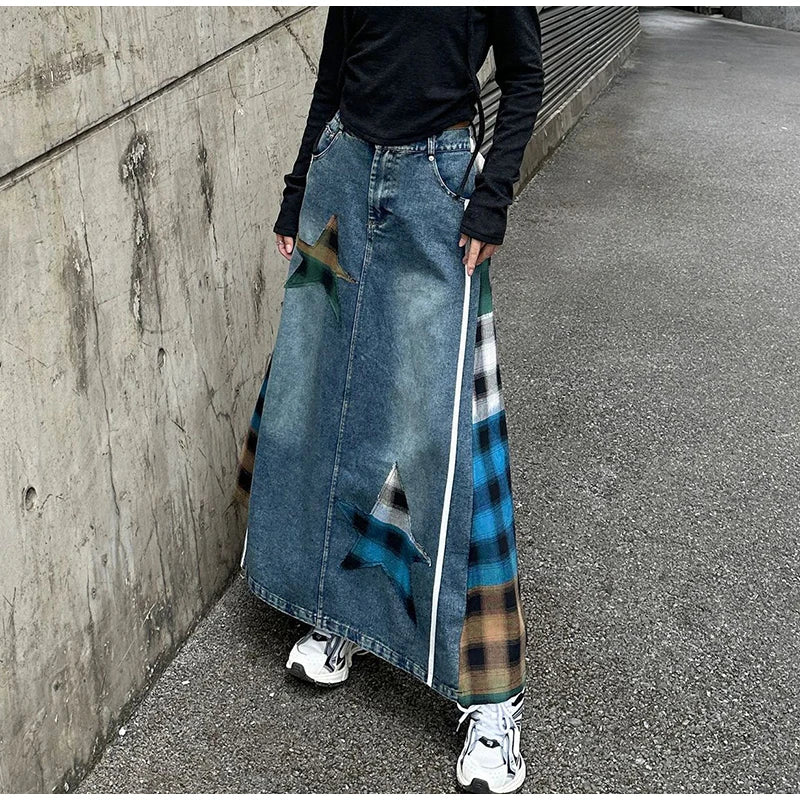 High Fashion Denim Skirt Women Elastic High Waist A-Line Long Skirt Female Colorful Patchwork Plaid Jean Skirt