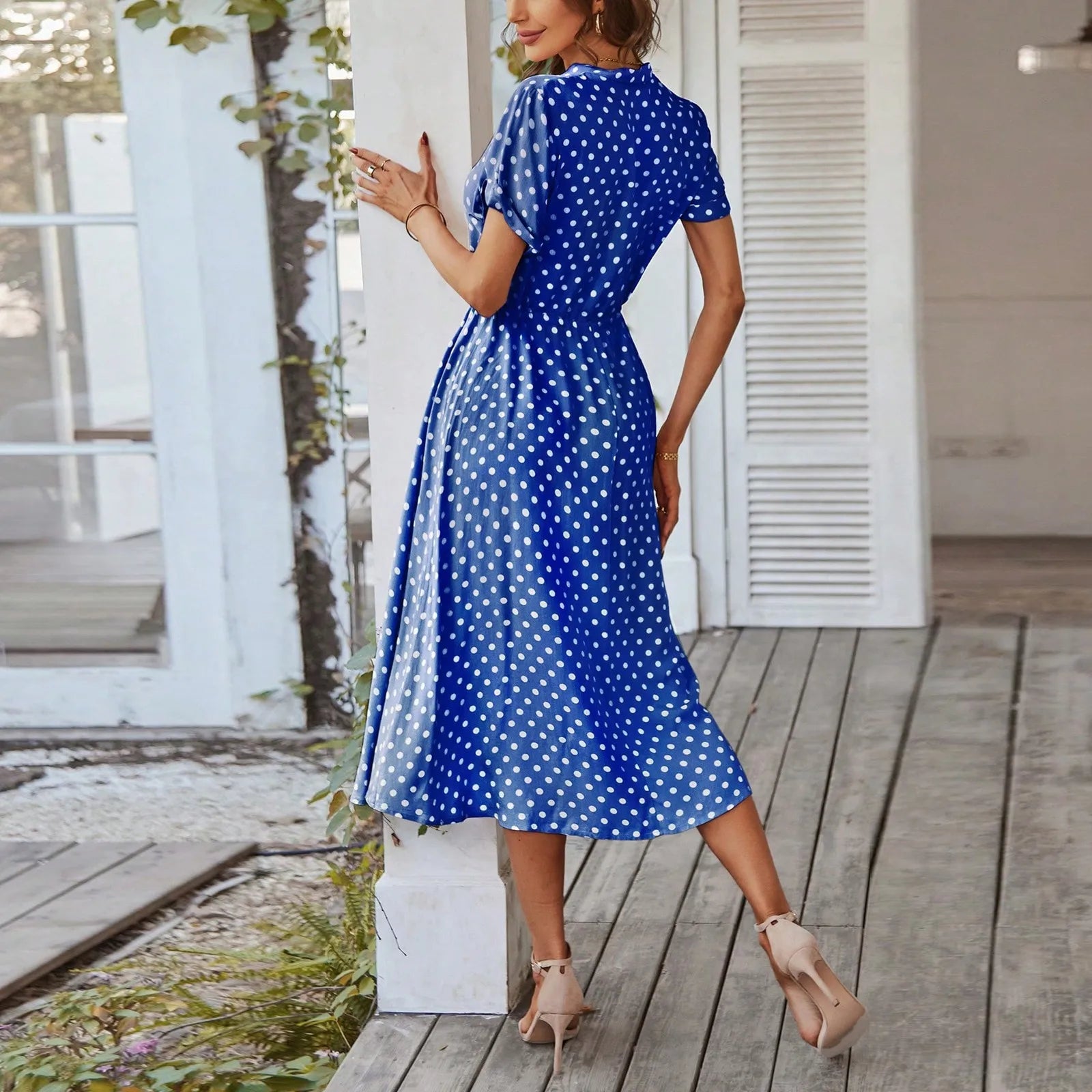 Elegant retro polka dot dress Women's Summer Midi Dress V Neck Single Breasted Short Sleeve Dresses Fashion Print Dress