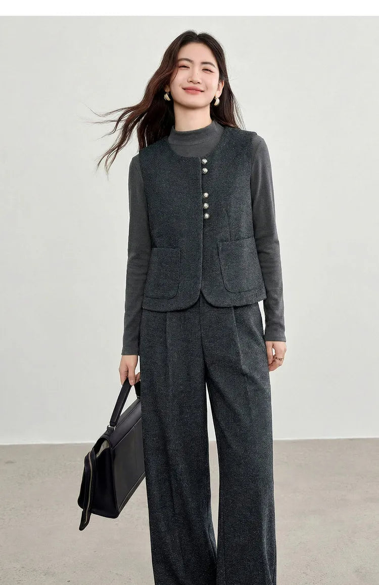 SENTUBILA Women's 2 Piece Pants Set 2026 New O Neck Waistcoat Straight Pant Winter Office Lady Wool Blend Female Suit 154ZA6093