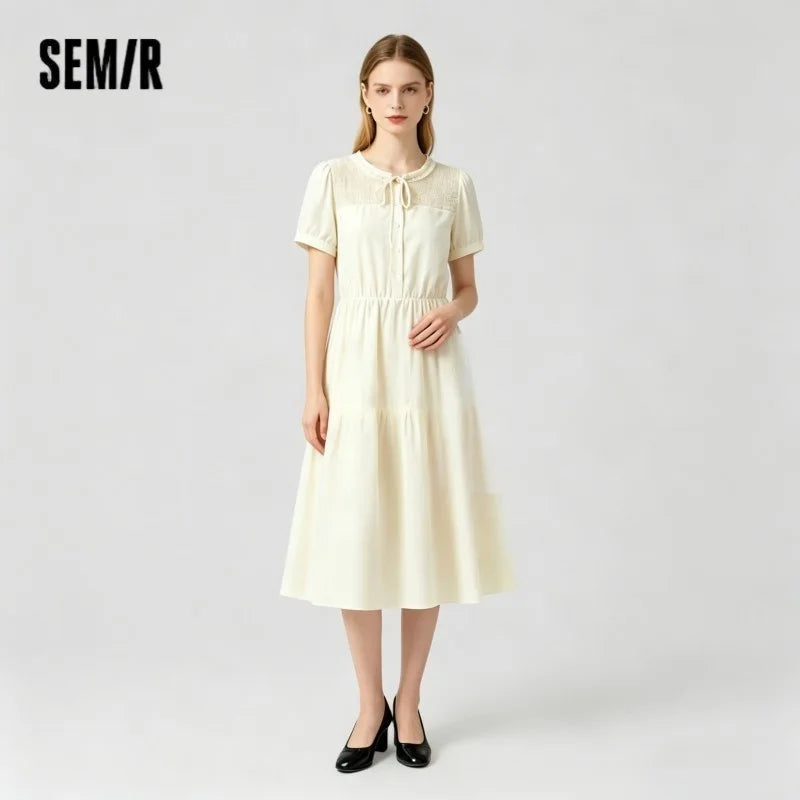 Semir Women Dress Puff Sleeve Lace Crew Neck Textured Midi French Elegant 2026 Summer Romantic Soft Comfy Daily Top