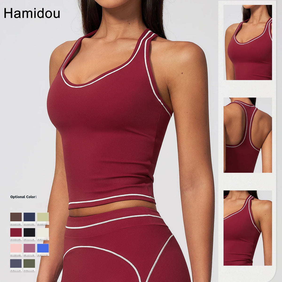 Hamidou Woman Color Blocking Yoga Tank Top Summer Gym Running Beautiful Back I-shaped Vest Gather Shockproof Workout Fitness Top