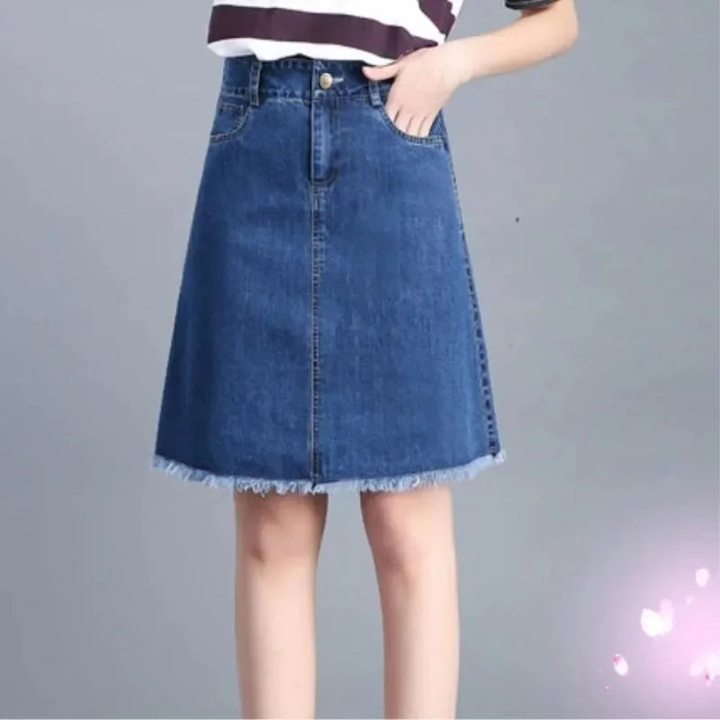 Large Size Denim Skirt For Women Spring Summer High-waisted A-line Jeans Skirt Ladies Korean Loose Tassels Mini Denim Skirts