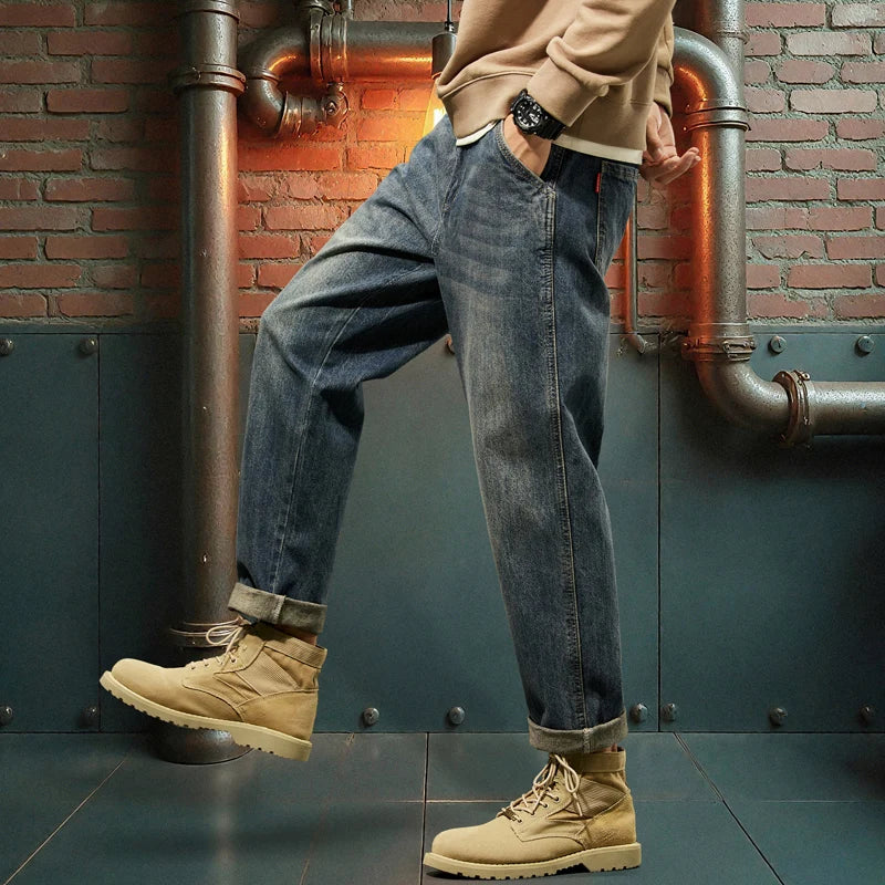 New Men's Loose Jeans Fashionable Outdoor Casual Harem Pants Retro Blue Baggy Street Hip-hop Work Pants