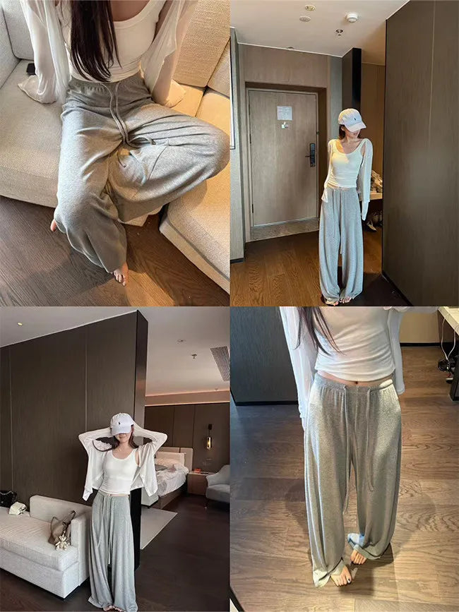Women's Straight Pants Spring Summer Loose Casual High Waist Wide-leg Pants Drawstring Solid Gray Trousers Women