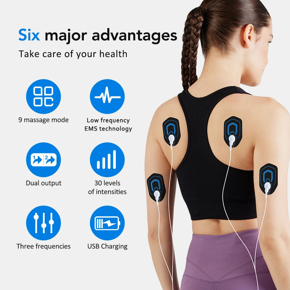 EMS TENS Muscle Stimulator Electric Massager for Full Body 9 Modes 30 Intensity Levels Dual Output Massaging Device Rechargable