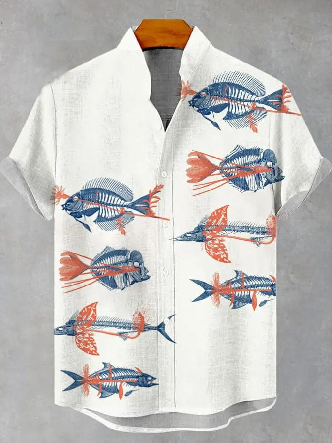 Men's Summer Casual Art Fish Pattern Printed Linen Short Sleeved Shirt, Comfortable And Fashionable Button Up Men's Top