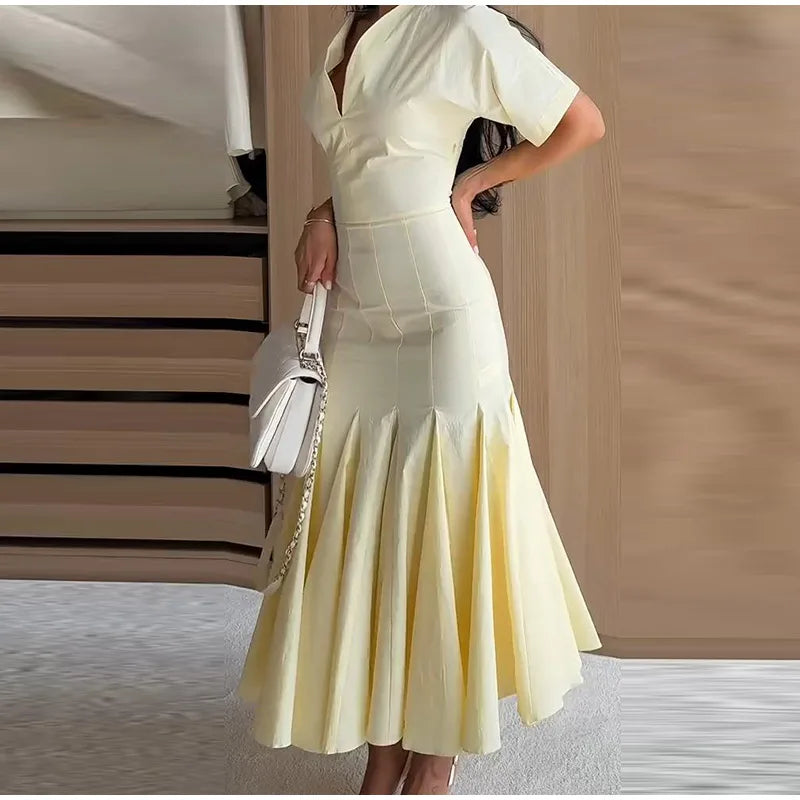 Elegant Pleated Waist-cinching Long Dress Women's Sexy V-neck Short Sleeve Bodycon Dresses 2026 Summer New Lady Solid Robes