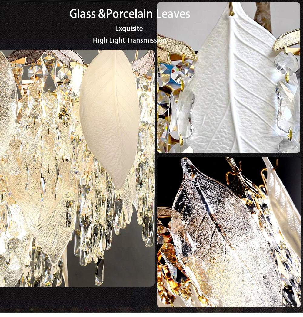 Luxury Porcelain Glass Leaves Chandelier Modern Crystal Hanging Lamps Home Decor Lighting Lustre Villa Living Room Pendant Light
