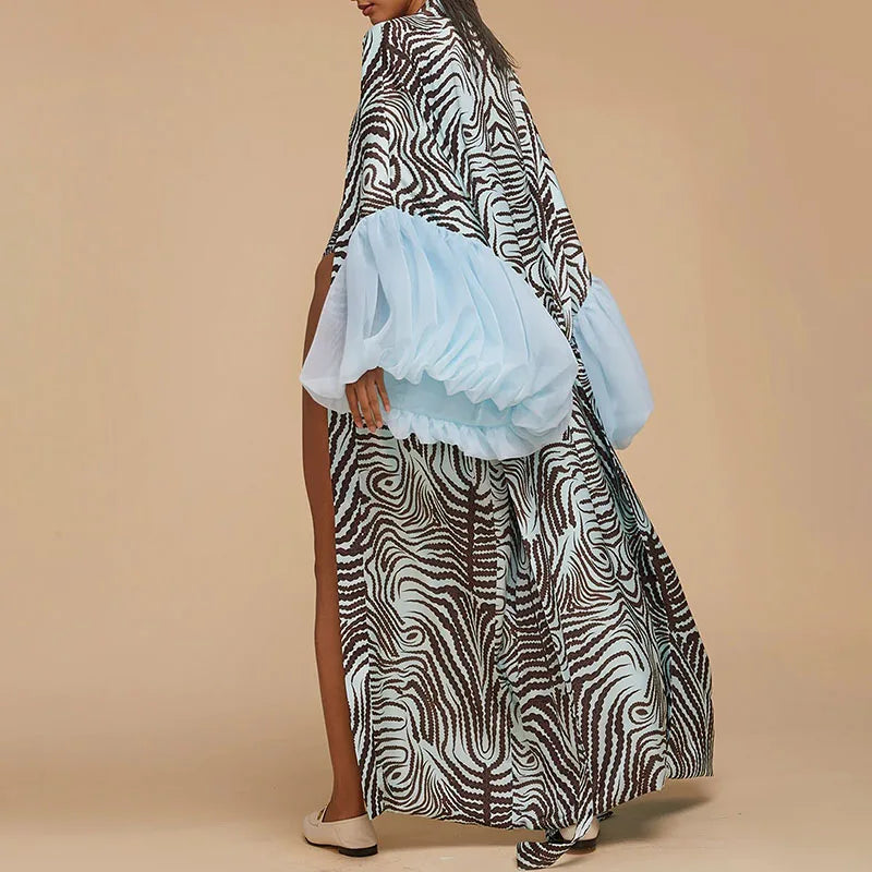 Spring Autumn New Women's Coats Fashion Irregular Lantern Sleeve Loose Cardigans Elegant Pattern Printed Beach Cover-up Outwear