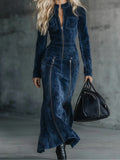 Spring Long Sleeve Slim Bodycon Suede Dress Woman Vintage Solid Zipper Mermaid Long Evening Dress Elegant O Neck Maxi Dress