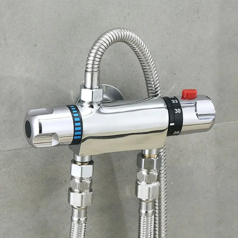 Chrome Brass Thermostatic Shower Faucet Mixer Valve Dual Handle Temperature Control Valve Bathroom Bathtub Tap Wall Mounted G1/2