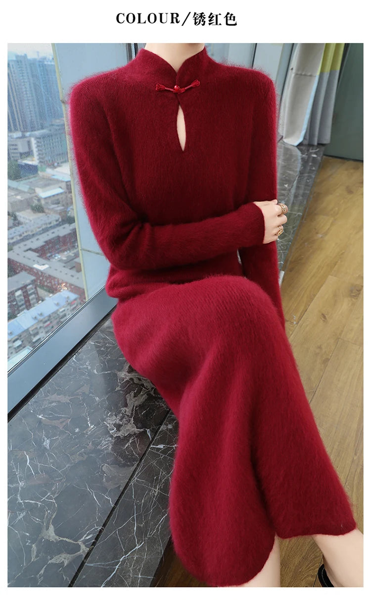 Women' 100%Pure Mink Cashmere Dress Stand-Up Collar Buckle Slim Knit Long Skirt Fashion High Waist Over The Knee Bottoming Dress
