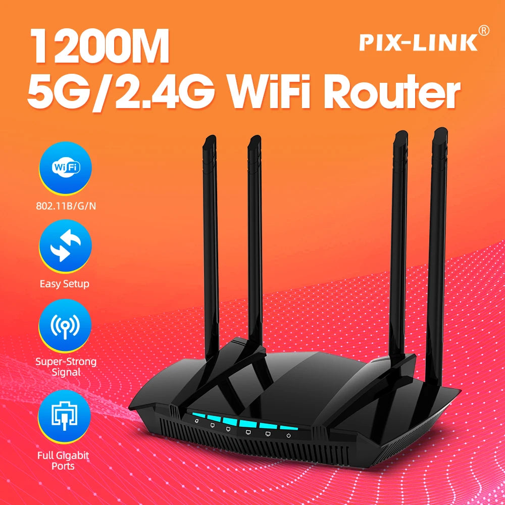 PIXLINK Wireless Router 1200Mbps Dual Band WiFi Repeater Signal Amplifier with 4 Gigabit Ports Smart Tech 5GSIM Penetration AC22