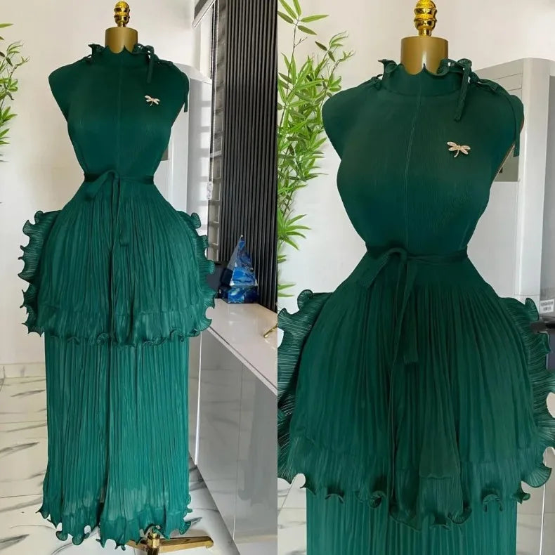 EGRM 2025 Summer New Pleated Dress Women's Solid Sleeveless Ruffles Lace Bottom Skirt with Belt Fashion Female Dresses 9R5618