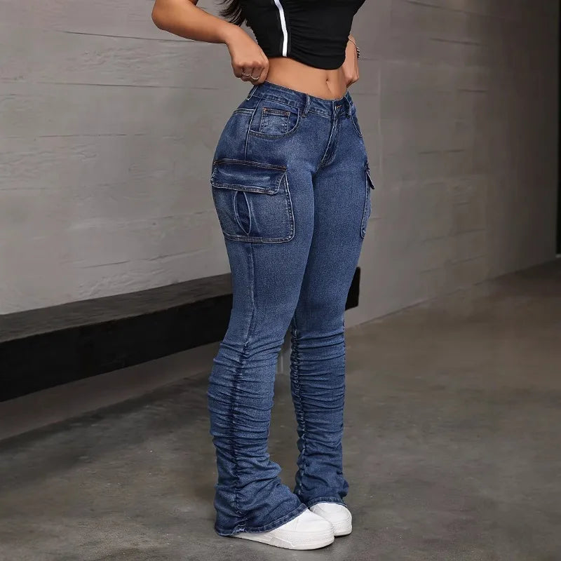Women High Waist Elastic Jeans Ladies Sexy Hip Lifting Denim Pants Multi Pocket Summer Fashion Streetwear Female Slim Trousers