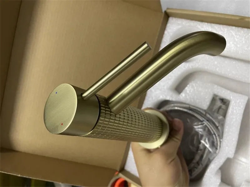 Brushed Rose Gold Bathroom Faucet Brushed Gold Basin Faucet Art Carved Sink Tap Hot & Cold Grey Lavatory Faucet Crane Water Tap