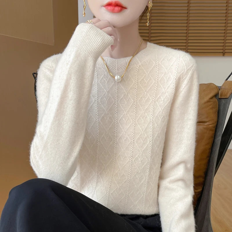 Fall/Winter 2024 New Women's Sweater 100% Pure Wool Lotus Collar Solid Color Loose Knitted Cashmere Pullover