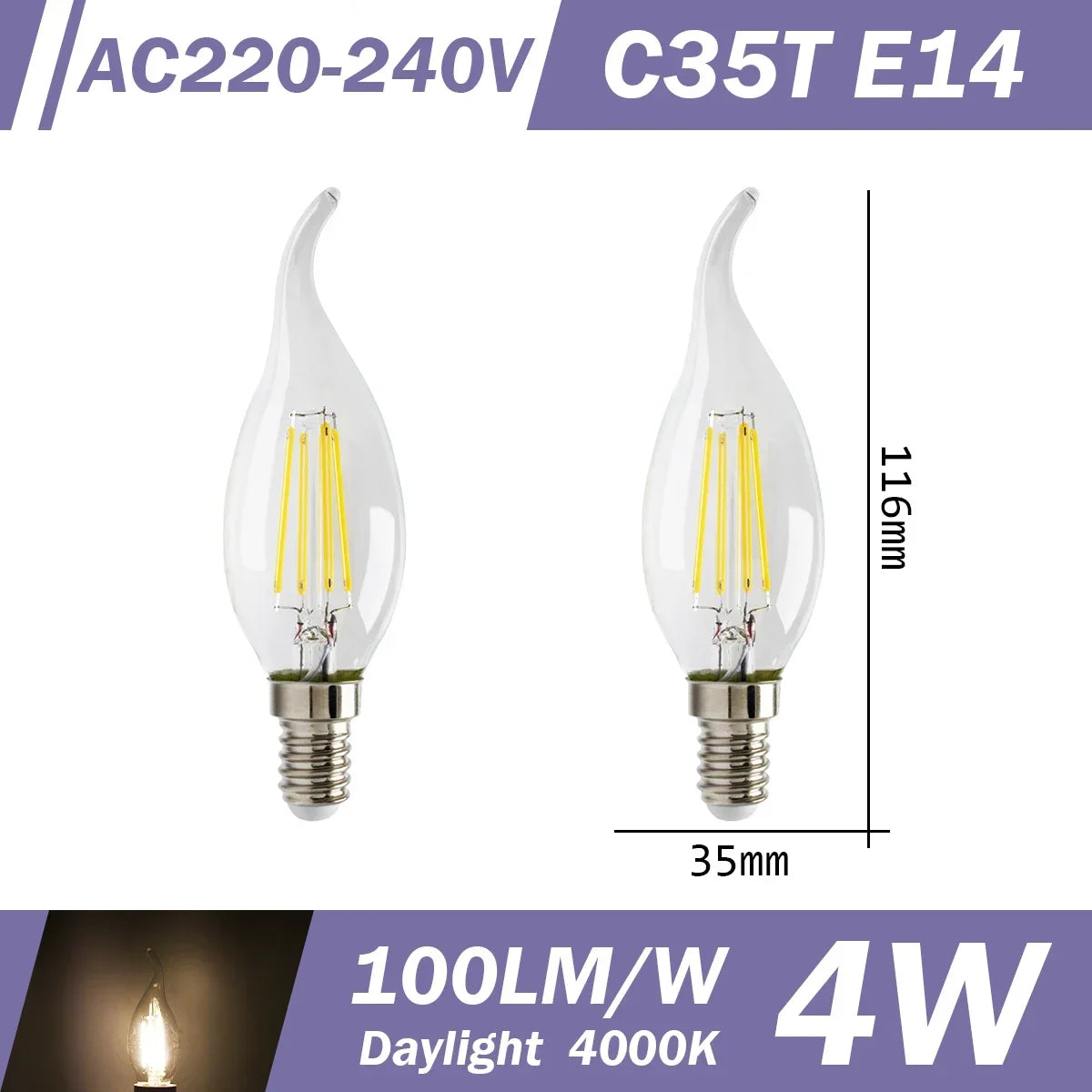 2PCS LED Filament Bulb E14 E27 C35 C35T ST64 G80 A60 220V 4W 9W Warm White Glass 360 Degree Edison Retro Candle Light Blubs