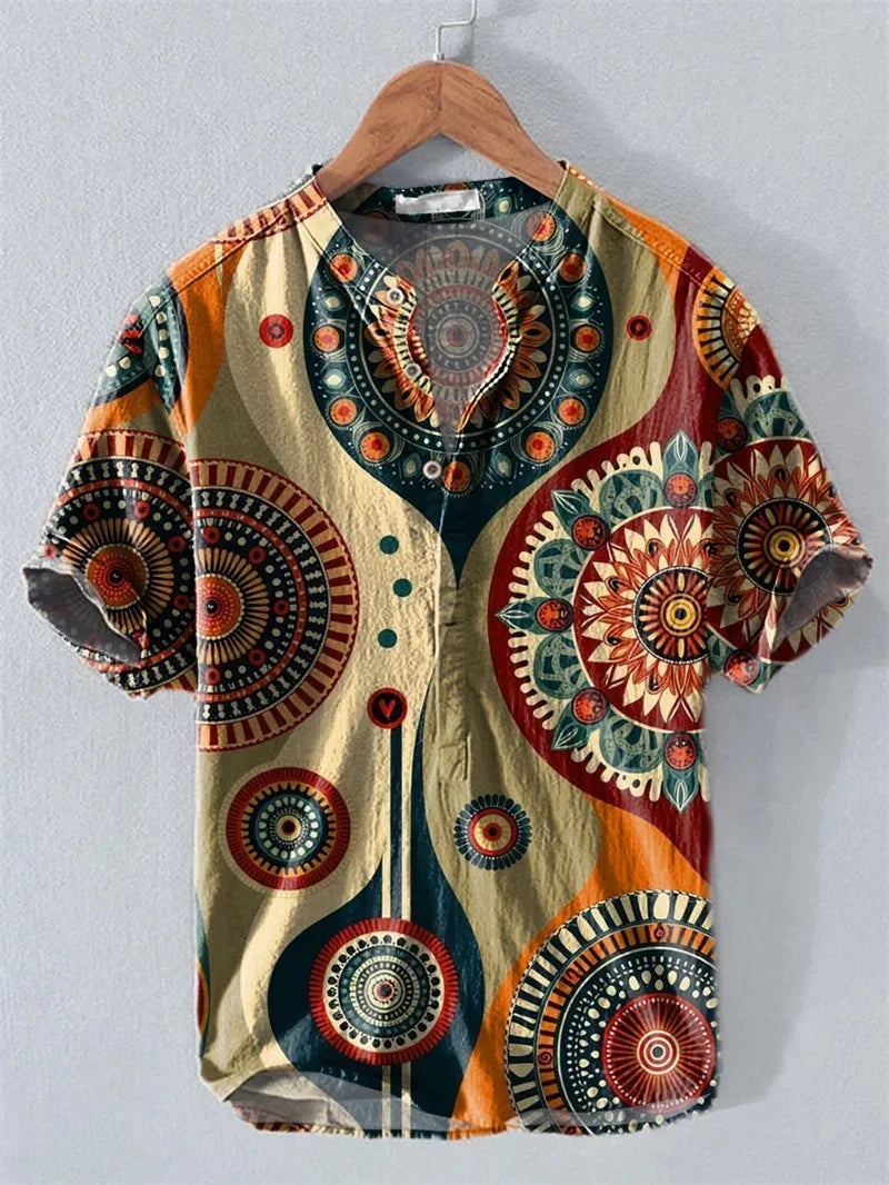 Hot sale Henry shirt 2025 summer men's casual short-sleeved T-shirt floral print top linen blend comfortable fabric XS-6XL size