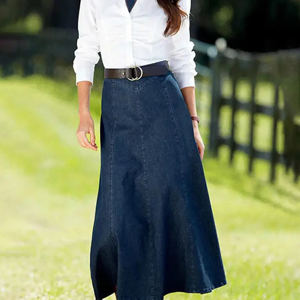 Denim Fabric Half Length Skirt Solid Color Clothes Simple Style  Casual Wear Stretch Fabric Dress A-Line Bottom Skirt