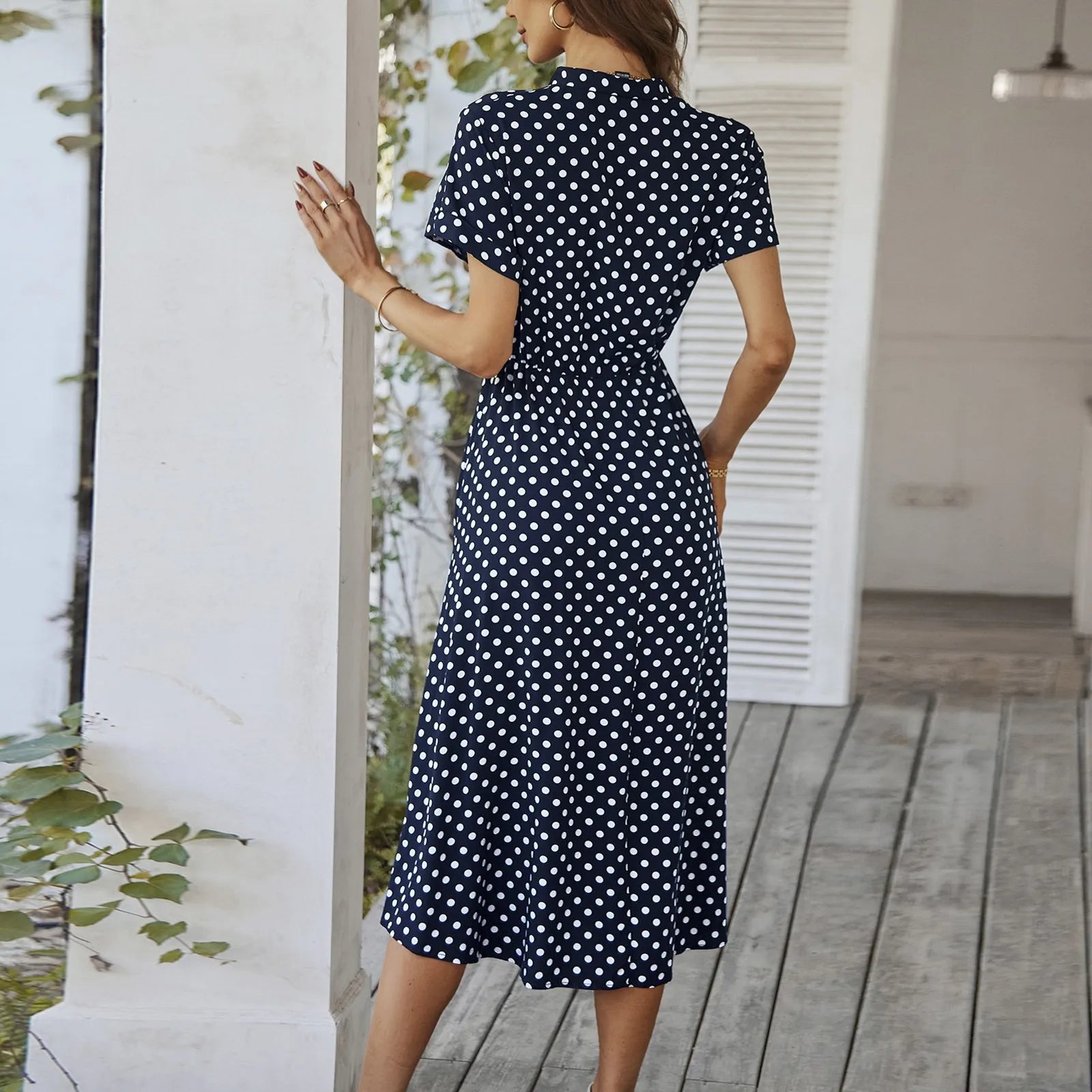 Elegant retro polka dot dress Women's Summer Midi Dress V Neck Single Breasted Short Sleeve Dresses Fashion Print Dress