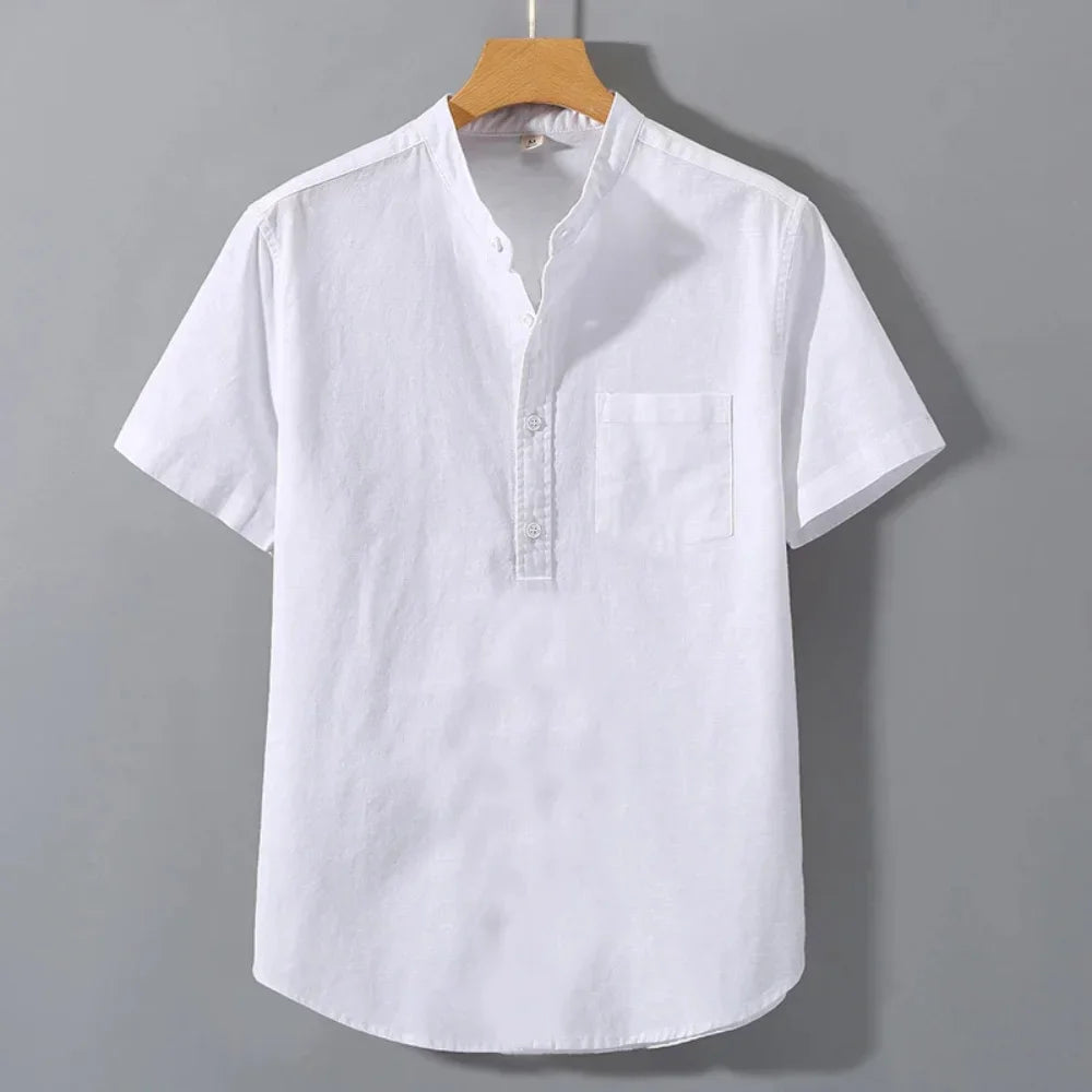 Men's Summer Solid Colour Short Sleeve Shirt Pocket Design Daily Casual Comfortable Breathable Cotton Linen Shirt Top