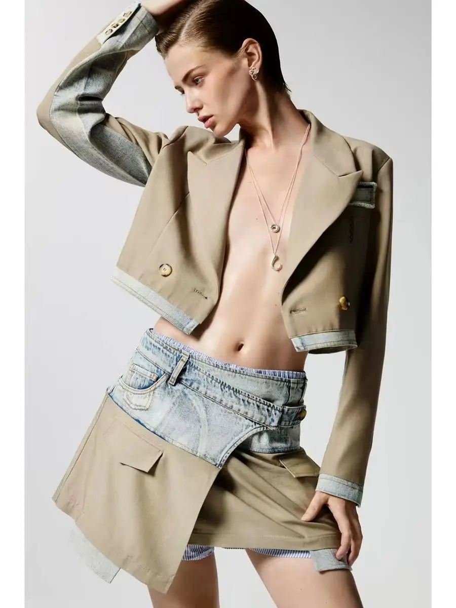 Foreign trade Spain original single color collision splicing denim asymmetrical design short skirt fashion