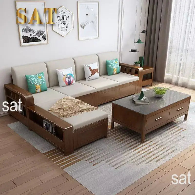 *Living Room Nordic Log Wood Storage Corner Sofa Winter  Summer Dual Use Fabric Wooden Sofa Combination