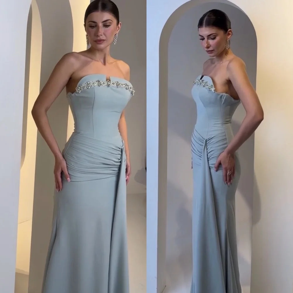 Customized Exquisite Jersey Sequined Pleat Trumpet Strapless Long Dresses Bespoke Occasion Evening Matching
