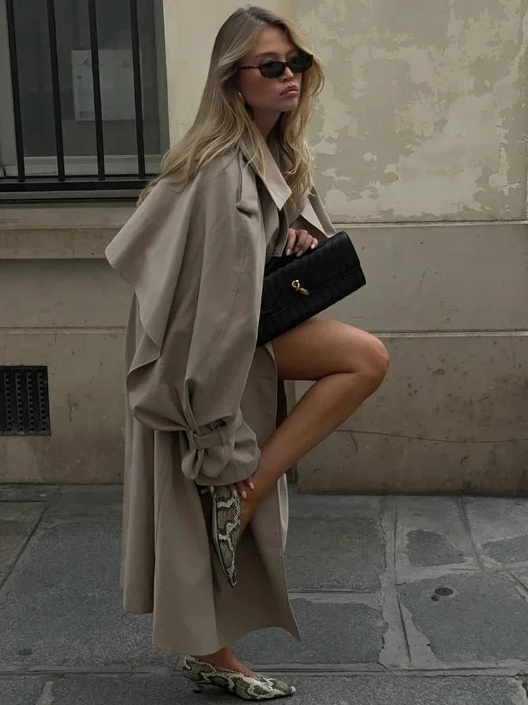 Khaki Lace Up Cape Trench Coat Loose Solid Full Sleeve Lapel Windbreaker 2026 Autumn New Fashion Commute Casual Daily Coats