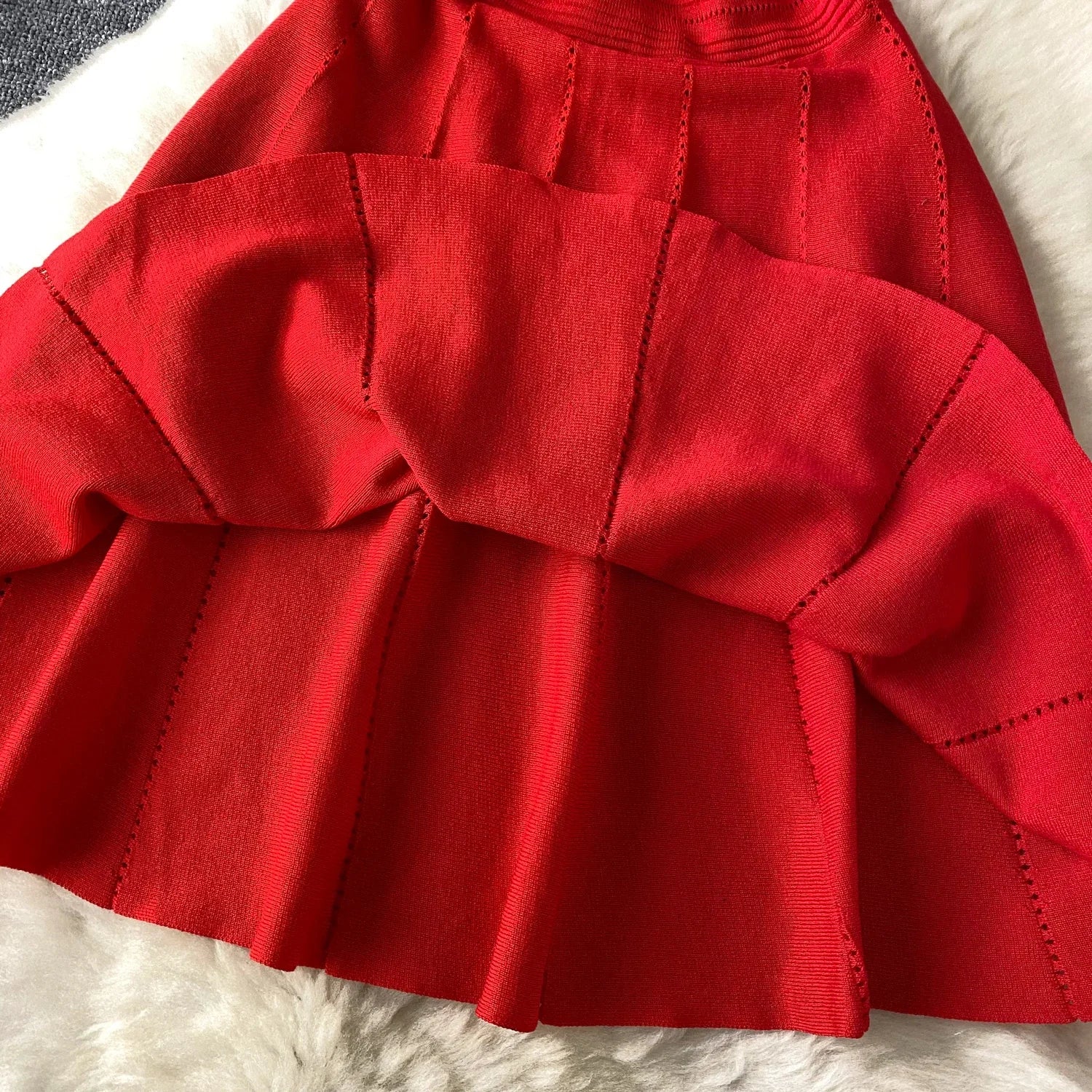 Red Senior Solid Knitting Dress Ladies O-Neck Short Sleeve Hollow Out Design Elastic Knitted Fashion Basic A-Line Dress