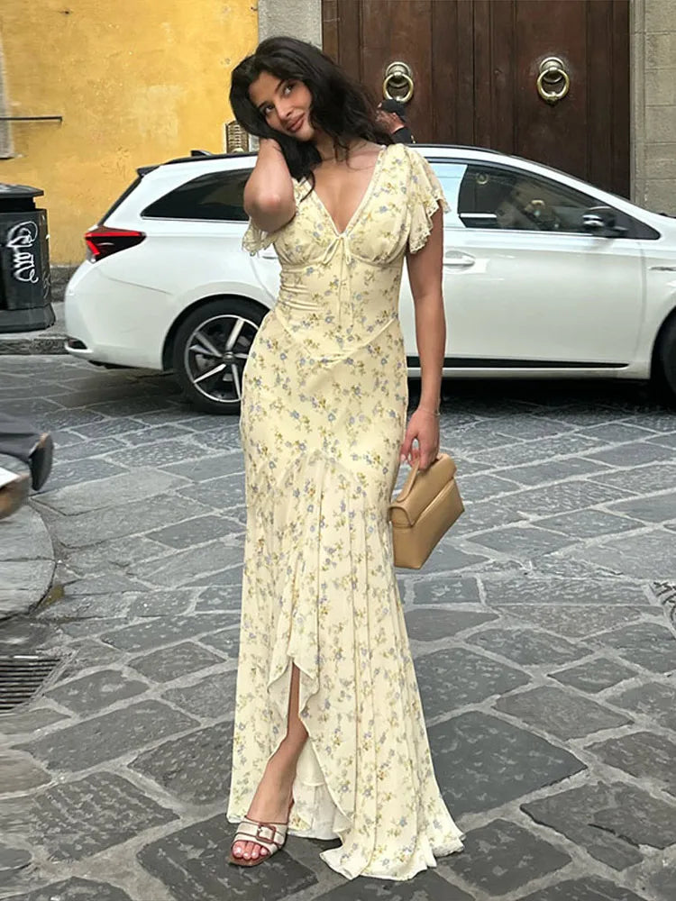 Elegant Sexy Print Fish Dress Women V Neck Short Sleeves High Waist Ruffles Split Vestidos Female 2026 Summer New Chic Dresses