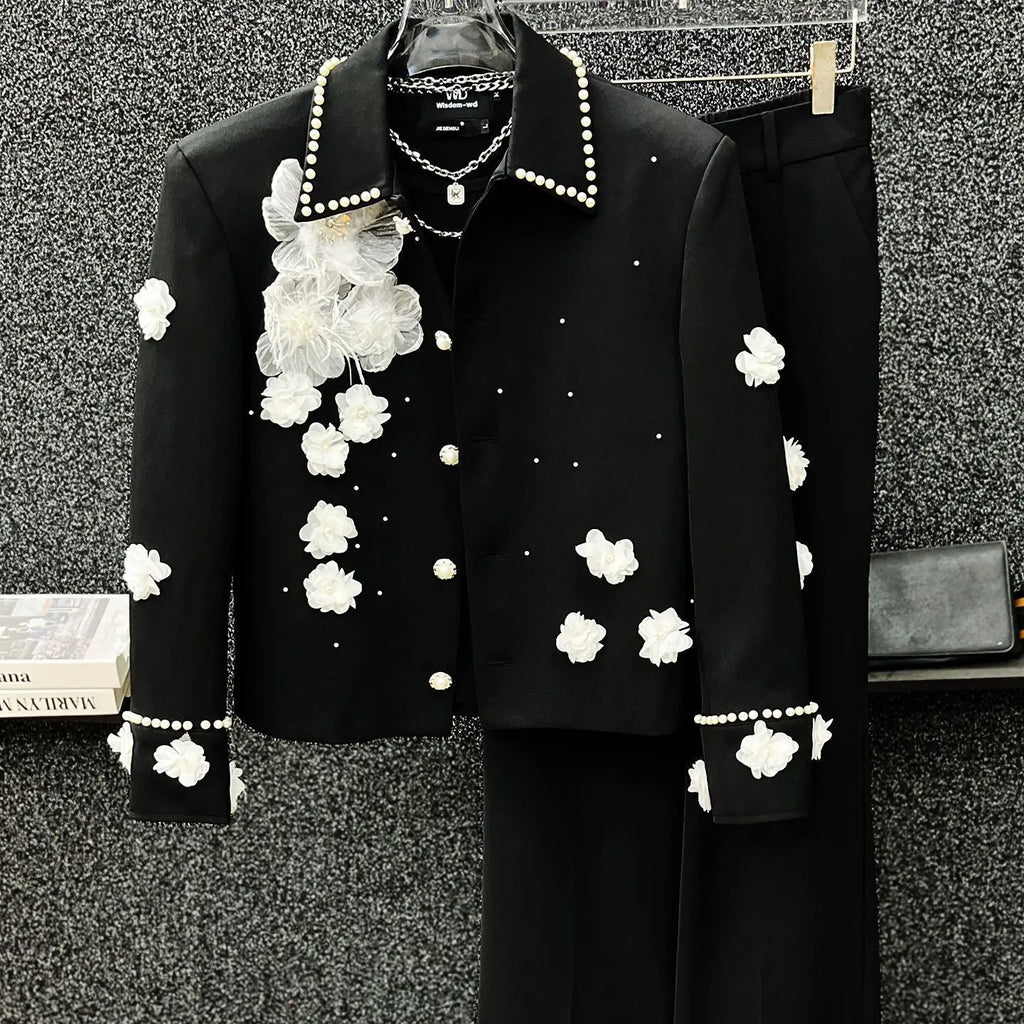 Flower Appliques Men's Jacket Spring Autumn Pearl Beading Lapel Coat American Fashion High Street Male Gorgeous Jackets