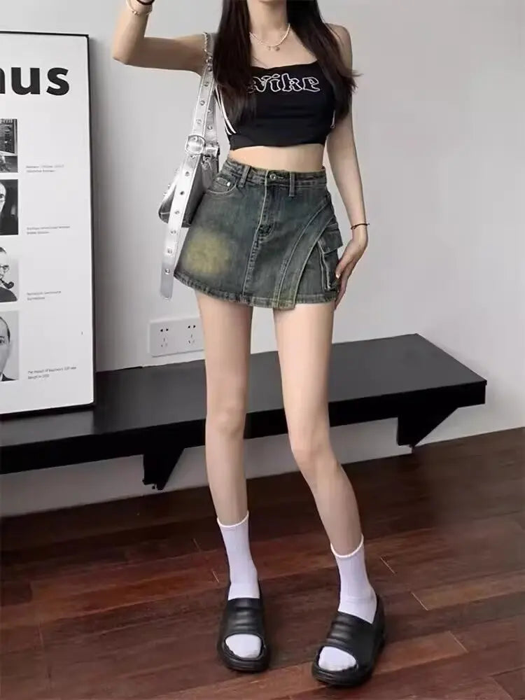 High Waist Retro Irregular Denim Skirt Pants Women's Summer New Spice Girl Versatile Short Skirt Pants