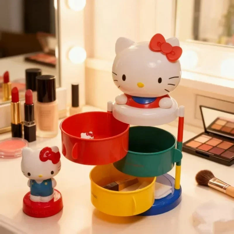 Hello Kitty Organizer Box Kawaii Rotating Storage Box Cute Makeup Holder Three Layer Desktop Organizer