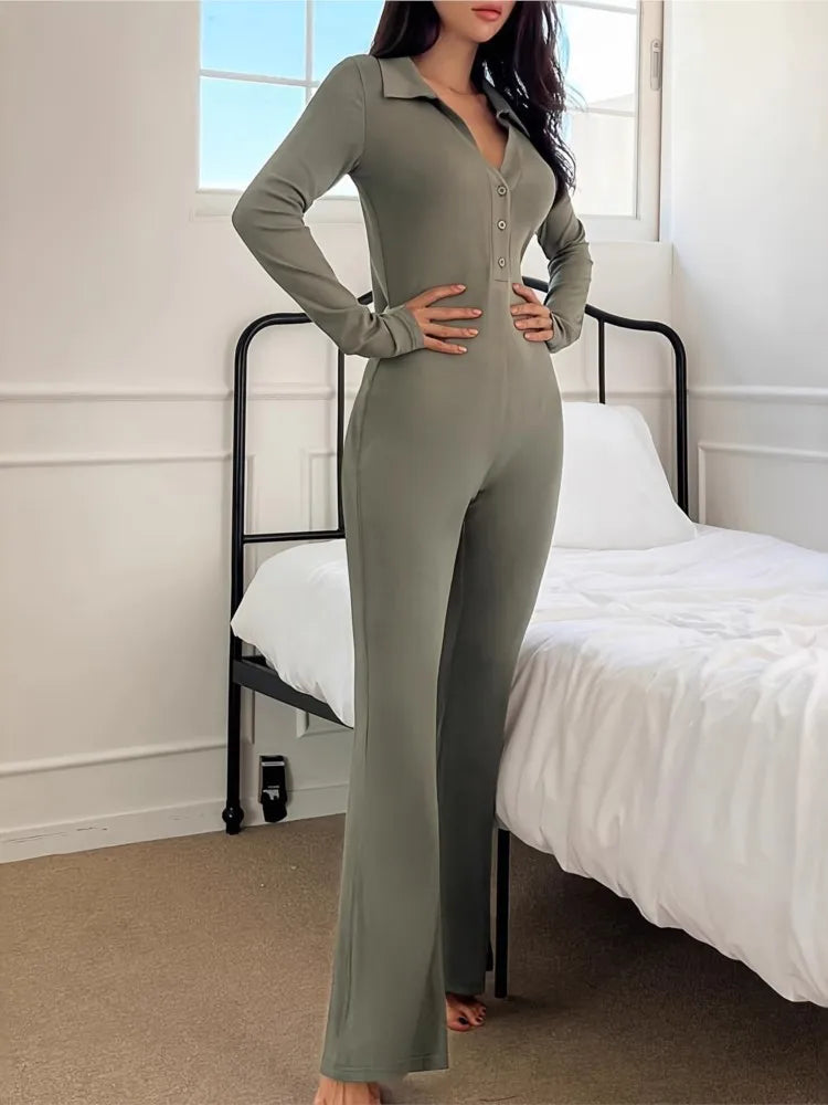 Solid Color Jumpsuits For Woman Slim Jumpsuit Simple Style All-match Long Sleeves Comfortable Homewear Home Clothing Commuting