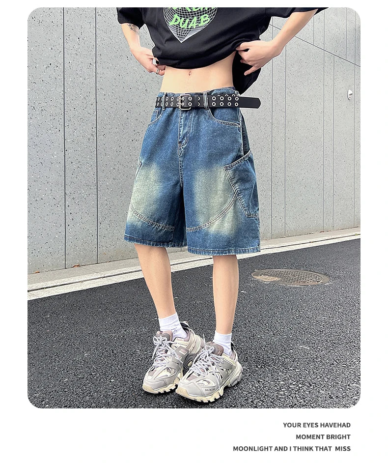 2026 Summer New Baggy Denim Shorts Fashion Casual Straight Harajuku Jeans Male Vintage Wash Drawstring Short Pants Streetwear