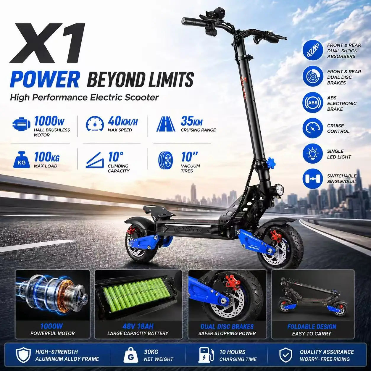 Heavy Duty X1 Electric Scooter 1000W Brushless Motor 100KG Max Load 35KM Range Dual Shock Absorption and Foldable Frame