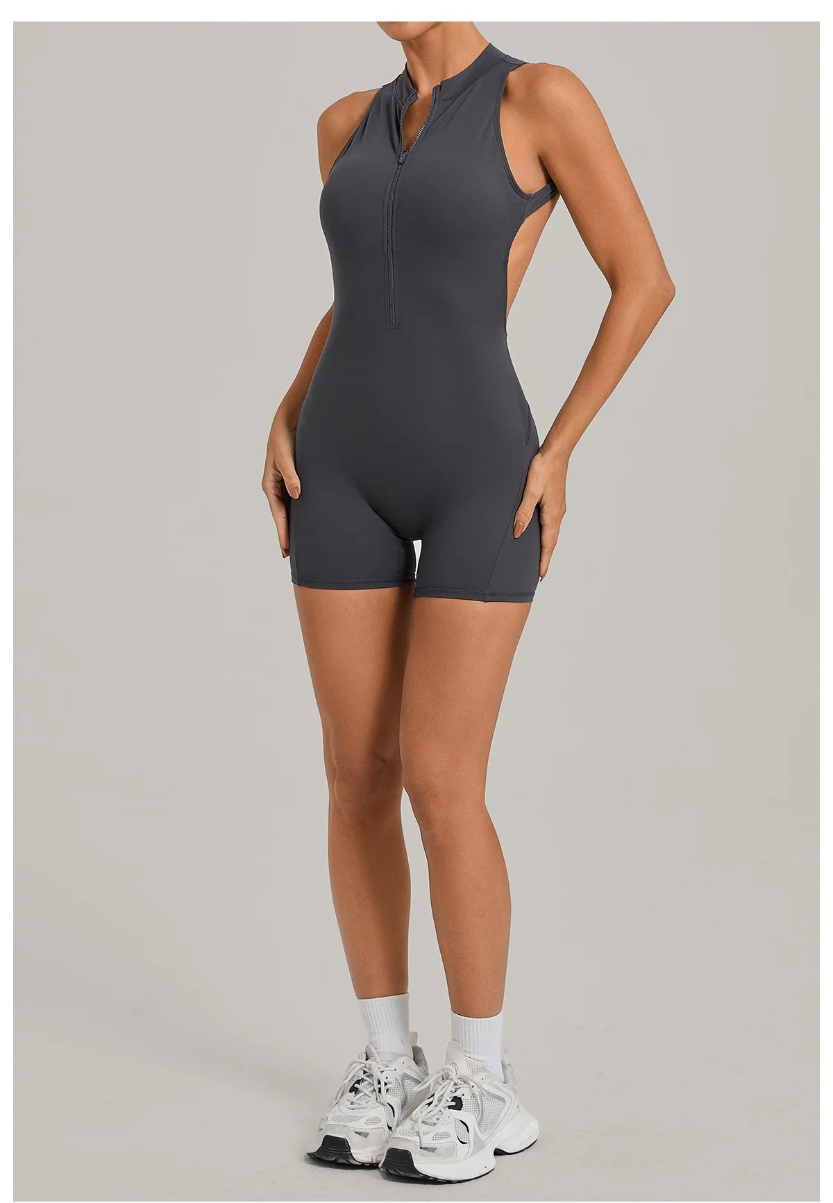 Sexy Hollow Backless Unitard Gym Women Romper Sleeveless Zipper Scrunch Butt Short Jumpsuit for Fitness Sports Short Playsuit