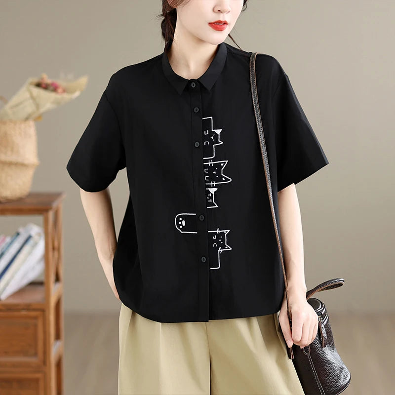 White Oversized Casual Short Sleeve Embroidered Shirt Loose Fit Versatile Slimming Style Women's Cotton Shirt Summer 2026