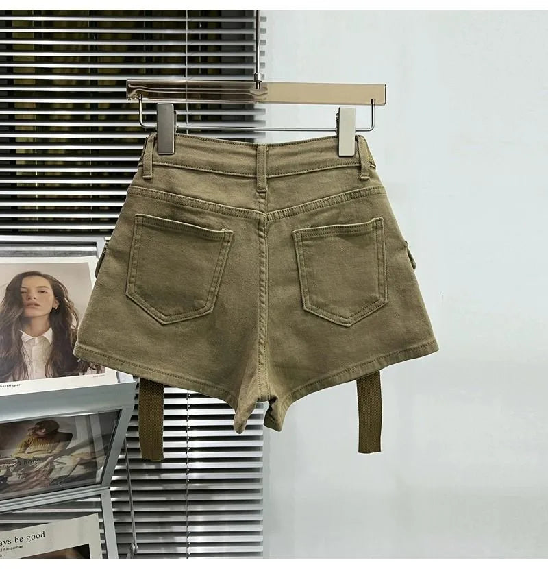 Large Pocket Denim Shorts Women Stretch Slim Fit High Waist Sexy Butt Lifting Hot Pants Summer Fashion Babes Casual Y2k Clothes