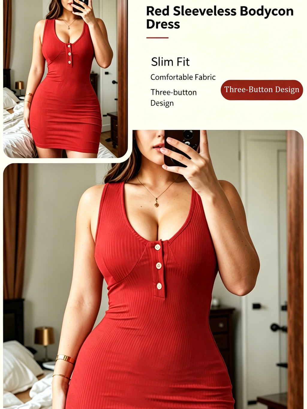 American-Style Spicy Girl Red Ribbed Sleeveless Bodycon Mini Dress, Henley V-Neck Three-Button Slim Fit Knit Dress